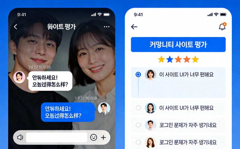 한국어로 제공되는 라이브 채팅 창과 다양한 온라인 커뮤니티의 사이트 평가 게시판을 나란히 비교한 이미지