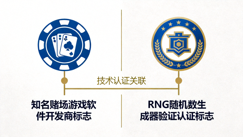 유명 카지노 게임 소프트웨어 개발사 로고와 RNG 난수 생성기 검증 인증 마크를 함께 보여주는 정보 그래픽